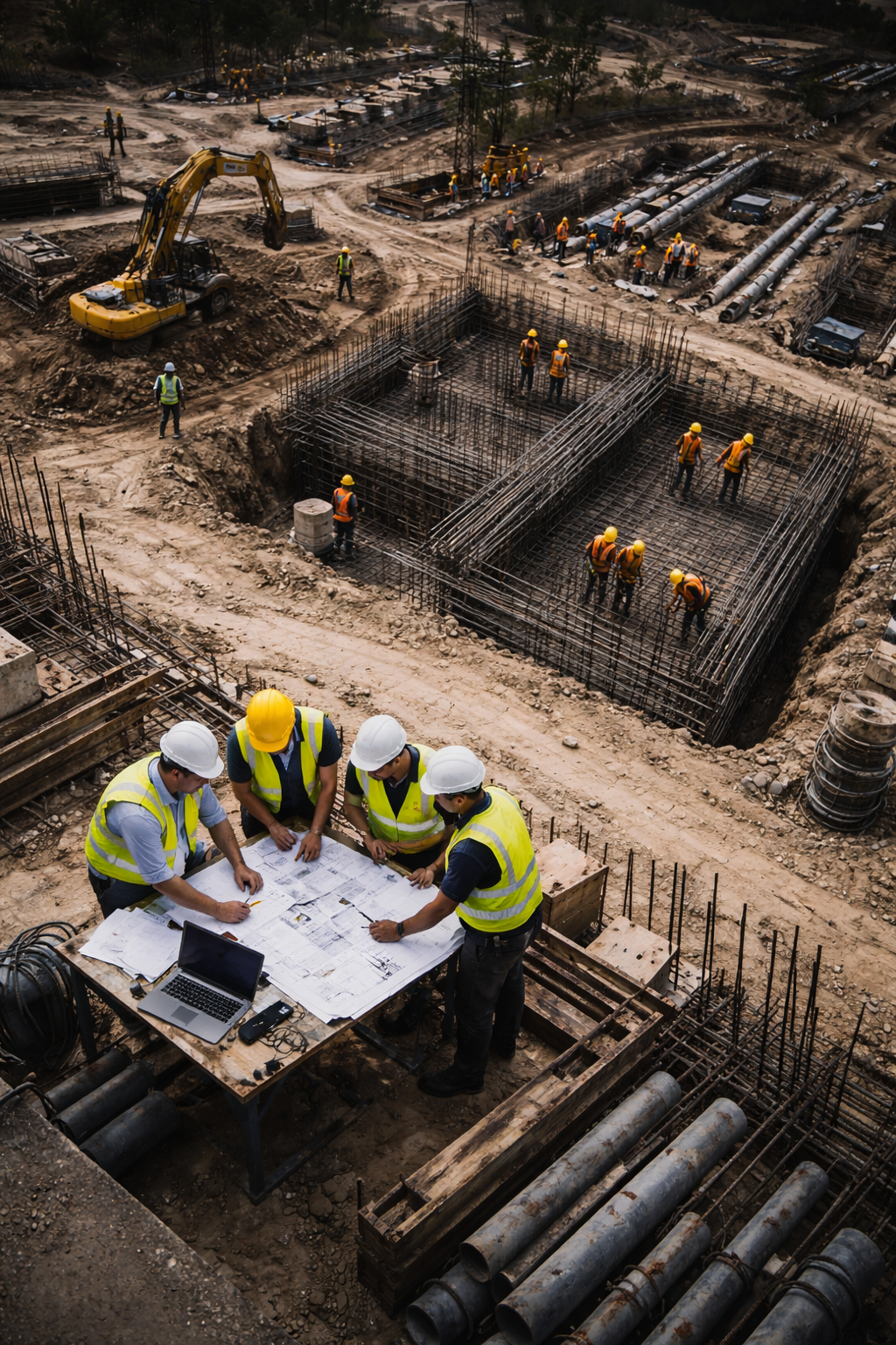 Project crew reviewing plans at a foundation construction site