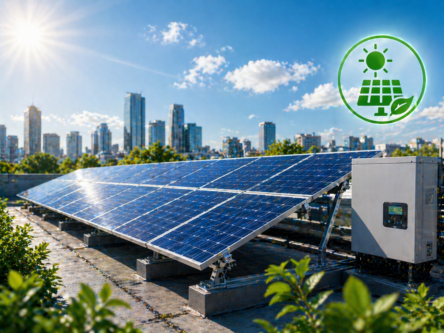 Solar panel array in front of a city skyline