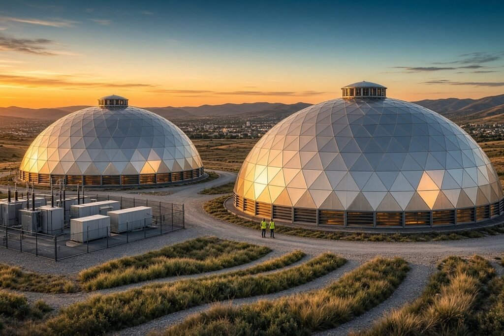Two geodesic dome data centers with rooftop vents and base air louvers at dusk, beside a fenced electrical yard on a landscaped campus.