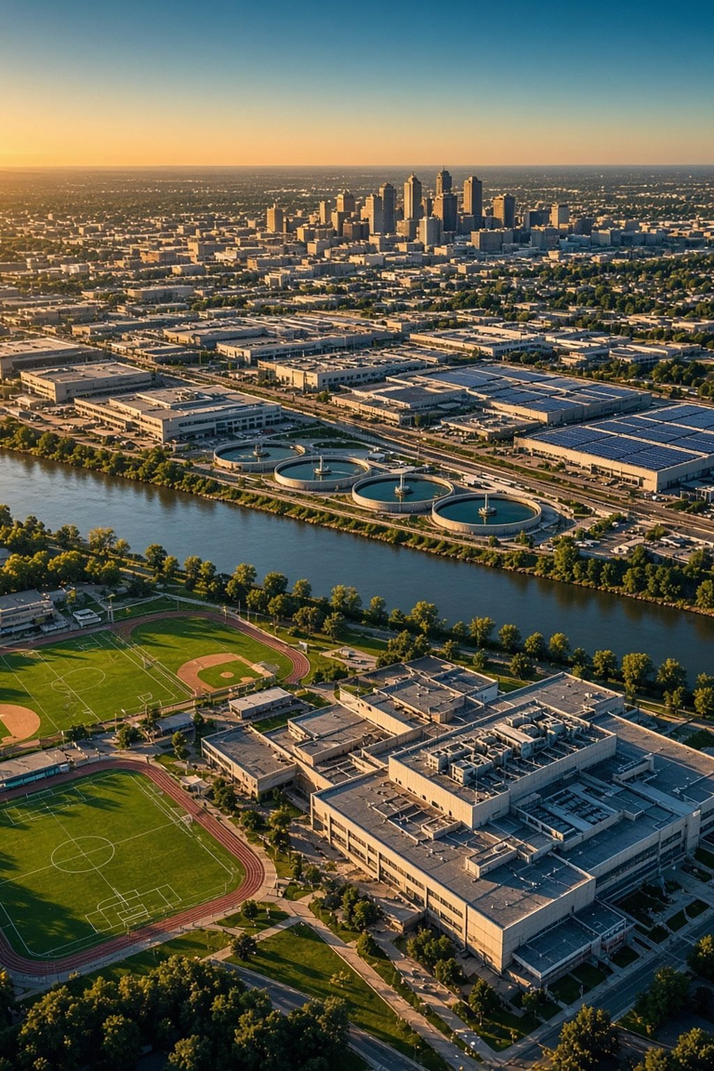 Aerial of a city at golden hour with a school, hospital, river water treatment plant and solar-roofed industrial park