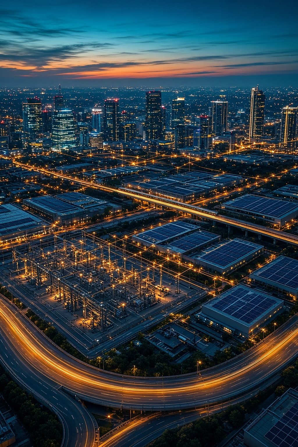 City district at blue hour with a substation, solar rooftops and highway light trails connected by glowing infrastructure lines