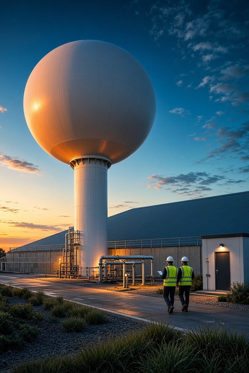 Utility crew walking beside a municipal water storage tank and pump house at dusk