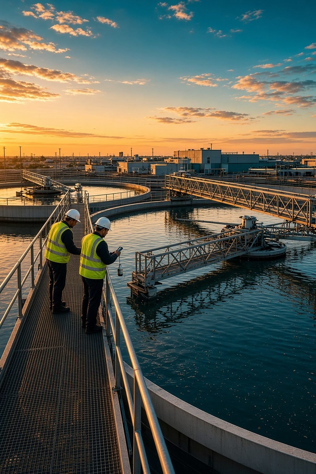Technicians testing water on a clarifier walkway at a treatment plant at golden hour
